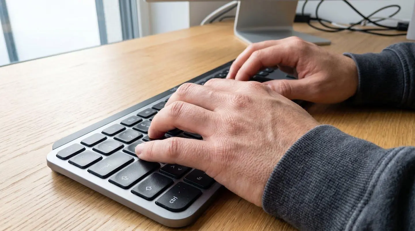 Gros plan sur des mains tapant sur un clavier d'ordinateur moderne avec un arrière-plan flouté en bokeh