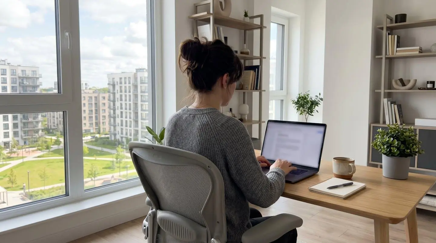 Personne vue de dos travaillant sur un ordinateur portable moderne dans un bureau lumineux avec écran totalement flouté