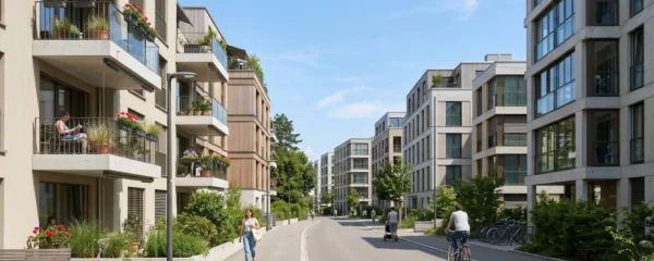 Vue d'ensemble d'une rue résidentielle contemporaine à Carouge avec immeubles modernes suisses romands sous un ciel lumineux