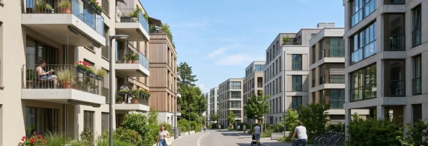 Vue d'ensemble d'une rue résidentielle contemporaine à Carouge avec immeubles modernes suisses romands sous un ciel lumineux