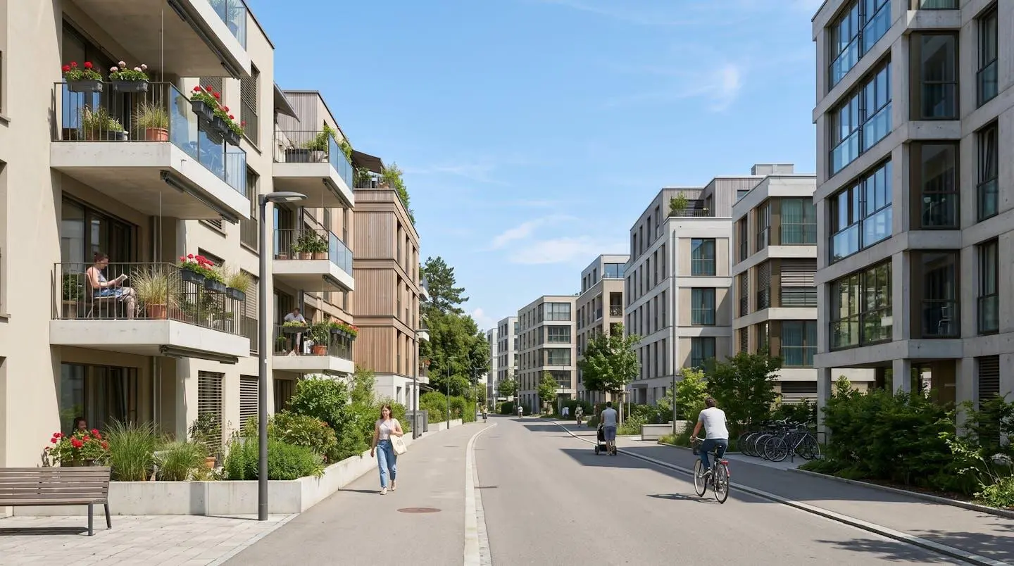 Vue d'ensemble d'une rue résidentielle contemporaine à Carouge avec immeubles modernes suisses romands sous un ciel lumineux
