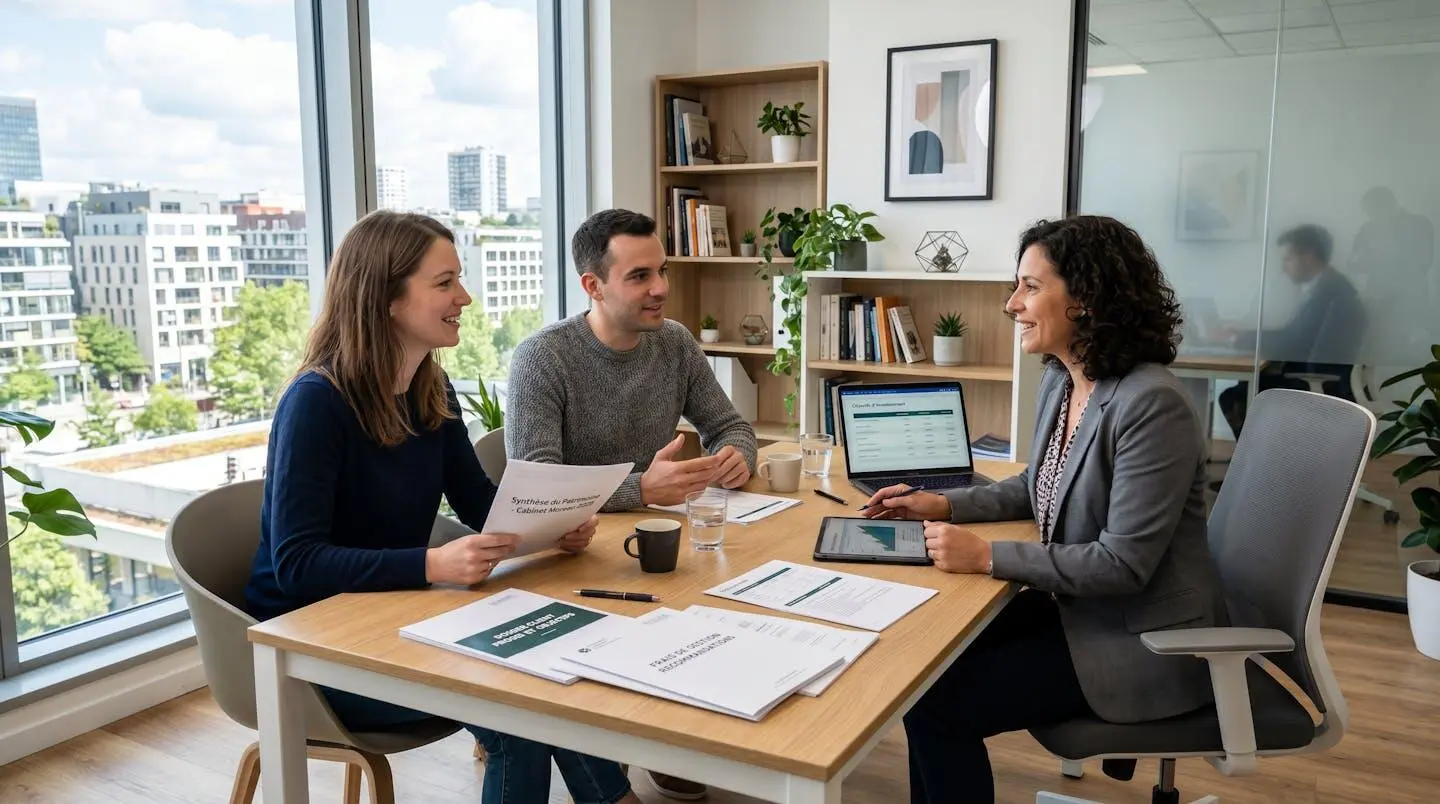 Un couple échange avec un conseiller assis face à eux dans un bureau lumineux, des documents de simulation posés sur la table entre eux