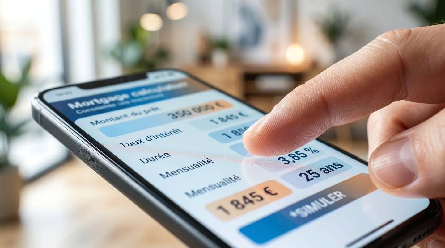 Gros plan sur une main utilisant un smartphone affichant une interface de calculateur de prêt avec des pourcentages et des montants en euros