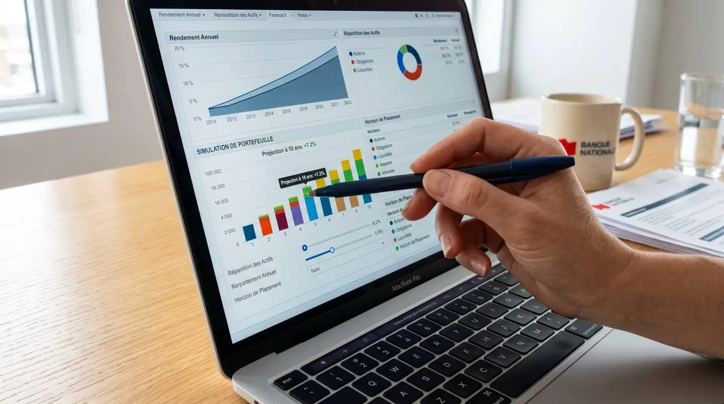 Gros plan sur une main tenant un stylo pointant les chiffres d'une simulation de crédit affichée sur un écran d'ordinateur portable