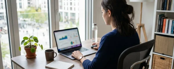 Un jeune professionnel concentré consulte des informations financières sur son ordinateur portable dans un bureau à domicile moderne et lumineux