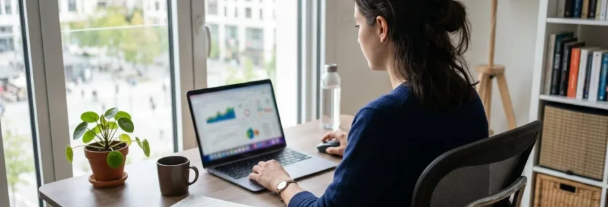 Un jeune professionnel concentré consulte des informations financières sur son ordinateur portable dans un bureau à domicile moderne et lumineux