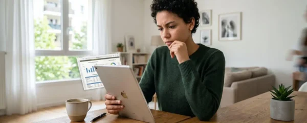 Une femme consulte attentivement les résultats d'une simulation de crédit sur sa tablette, assise à une table en bois dans un intérieur lumineux
