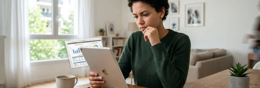 Une femme consulte attentivement les résultats d'une simulation de crédit sur sa tablette, assise à une table en bois dans un intérieur lumineux