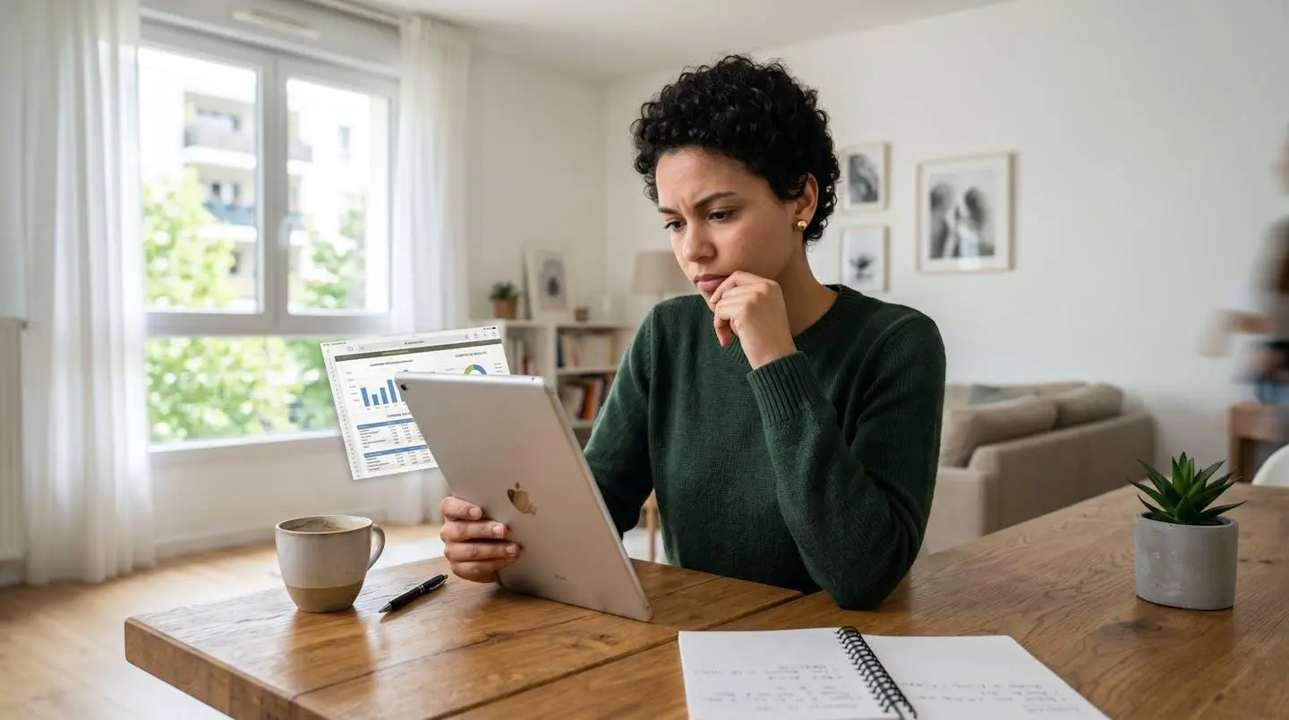 Une femme consulte attentivement les résultats d'une simulation de crédit sur sa tablette, assise à une table en bois dans un intérieur lumineux