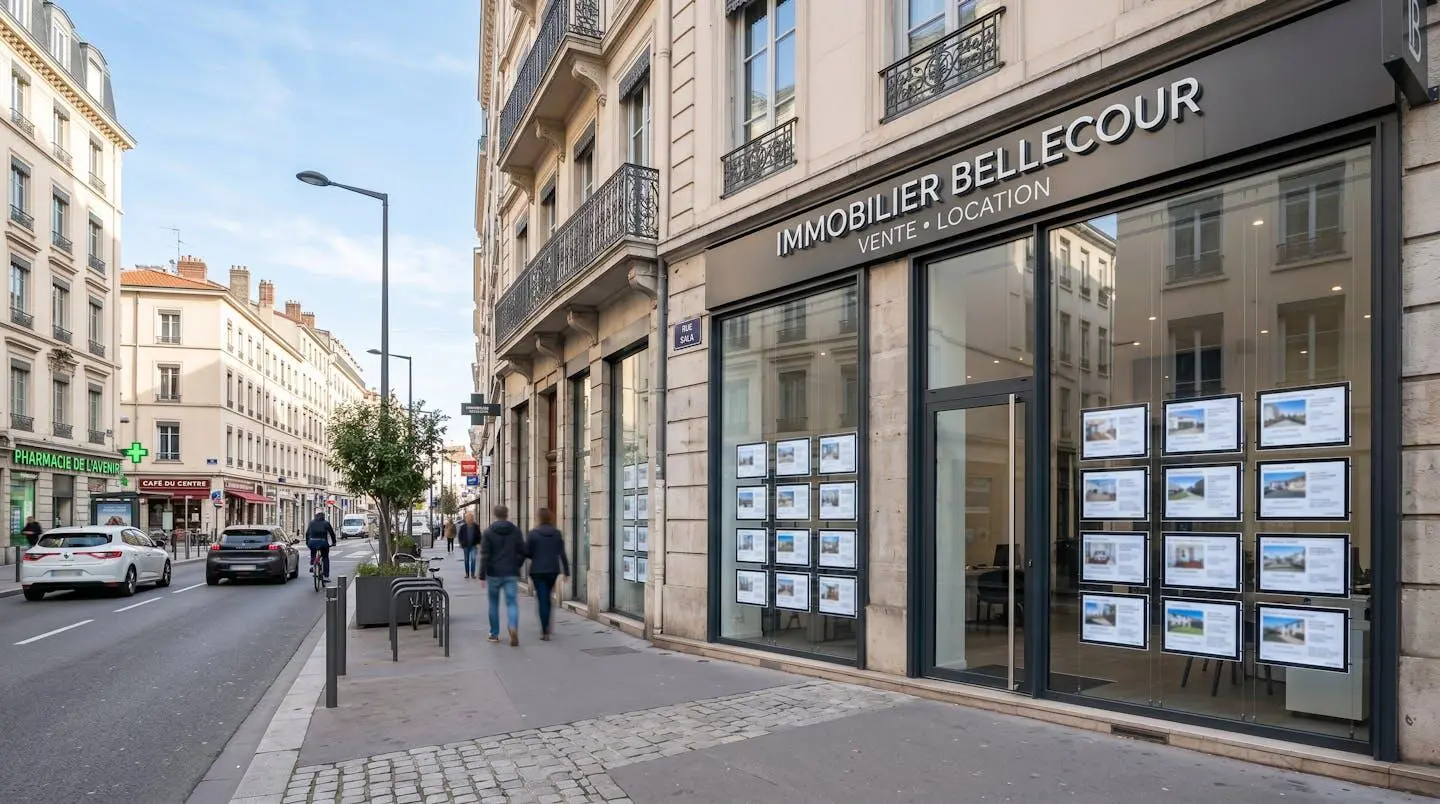Vue grand angle d'une vitrine d'agence immobilière contemporaine avec des annonces de biens en devanture, dans une rue urbaine française moderne et lumineuse