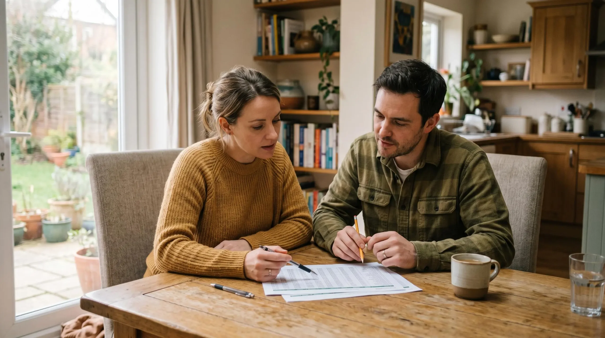 Représentation visuelle du calcul du taux d'endettement à 35%, avec un couple passant en revue ses revenus et charges sur une feuille de calcul posée sur une table