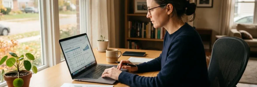 Une personne à son bureau consulte un simulateur de crédit immobilier sur son ordinateur portable, entourée de documents financiers