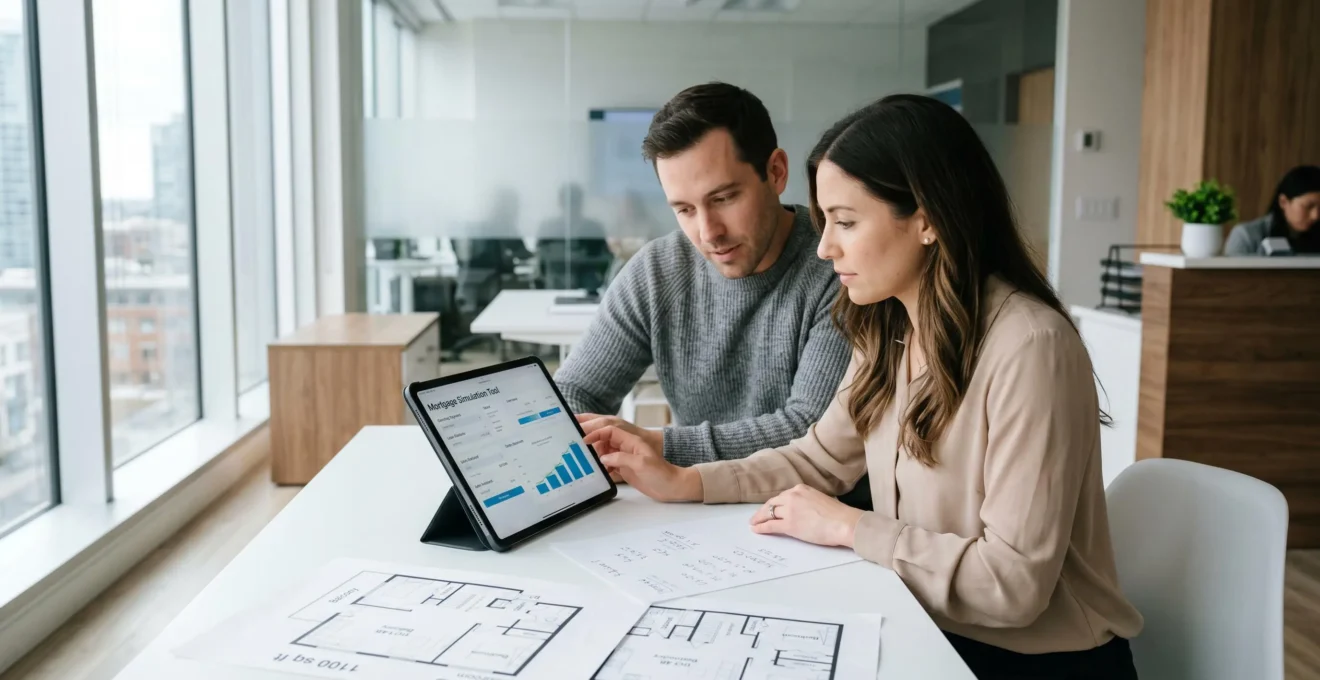 Couple consultant un simulateur de crédit immobilier sur tablette dans une agence immobilière moderne