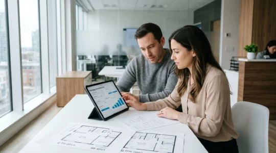 Couple consultant un simulateur de crédit immobilier sur tablette dans une agence immobilière moderne